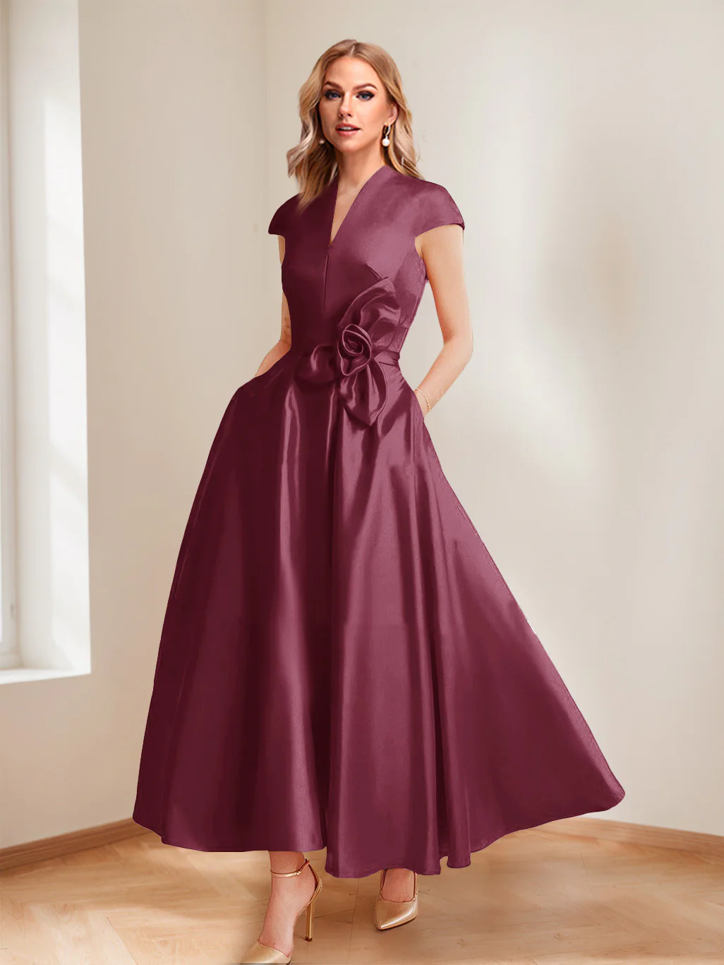 A-Line/Princess V-Neck Short Sleeves Mother of the Bride Dresses with Pockets & Flower - Image 40