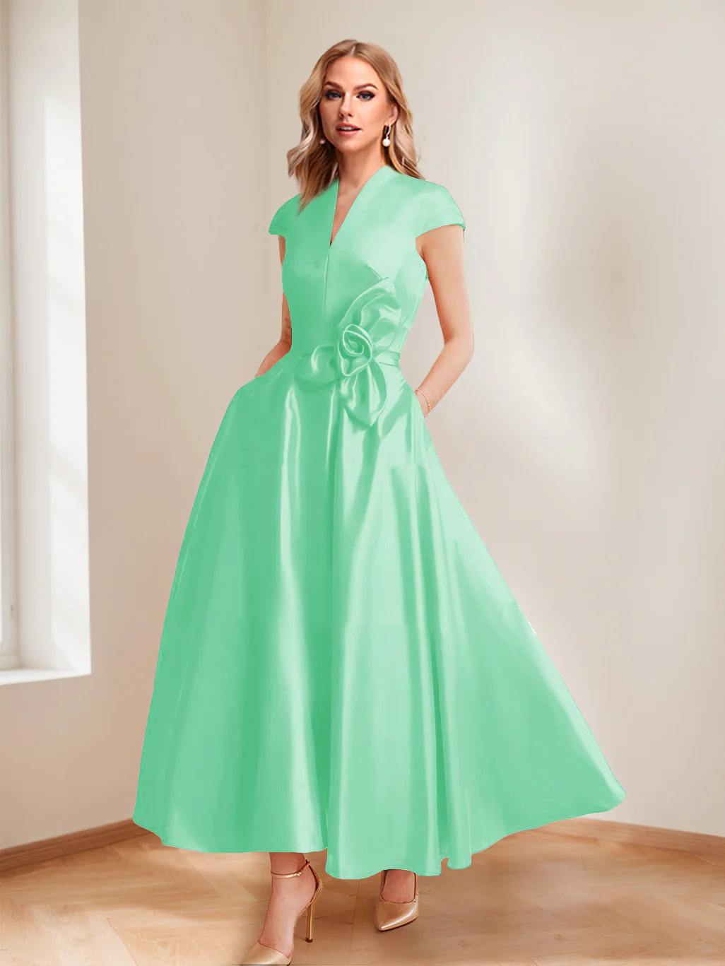 A-Line/Princess V-Neck Short Sleeves Mother of the Bride Dresses with Pockets & Flower - Image 61