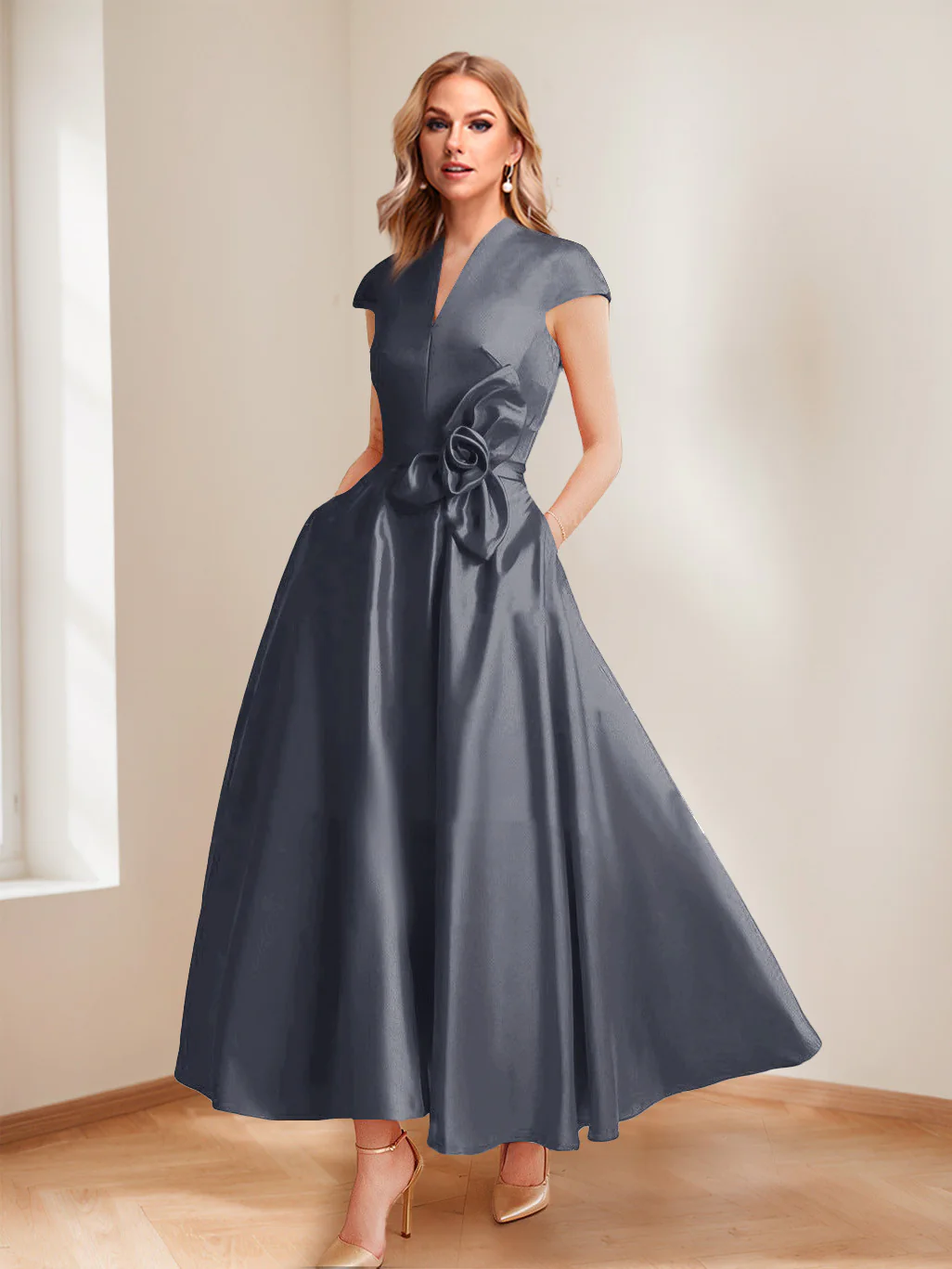 A-Line/Princess V-Neck Short Sleeves Mother of the Bride Dresses with Pockets & Flower - Image 63