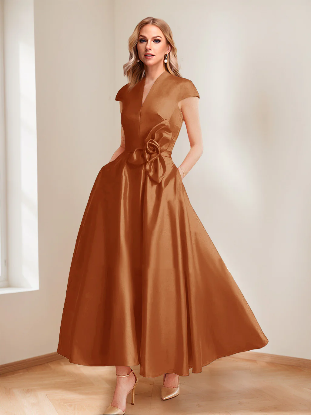A-Line/Princess V-Neck Short Sleeves Mother of the Bride Dresses with Pockets & Flower - Image 8