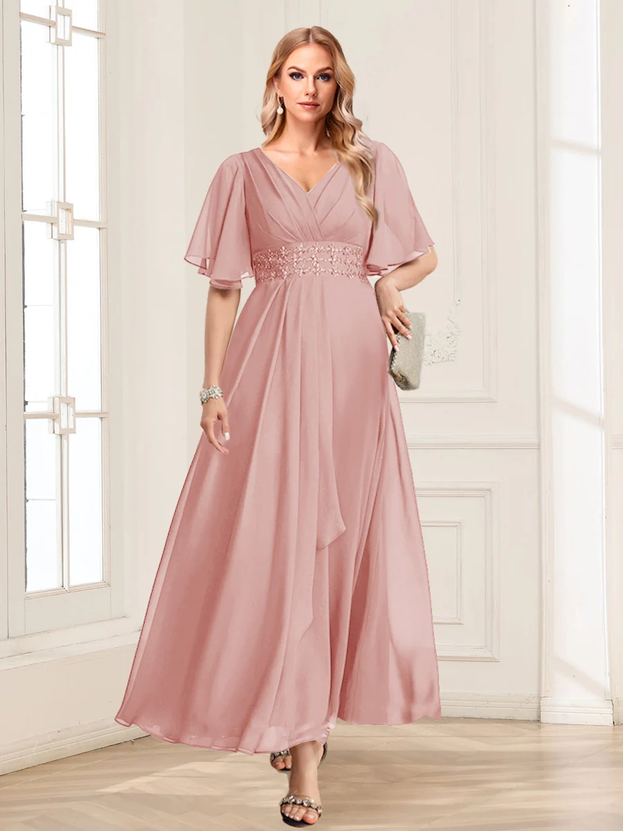 A-Line/Princess V-Neck Short Sleeves Mother of the Bride Dresses with Ruffles - Image 17