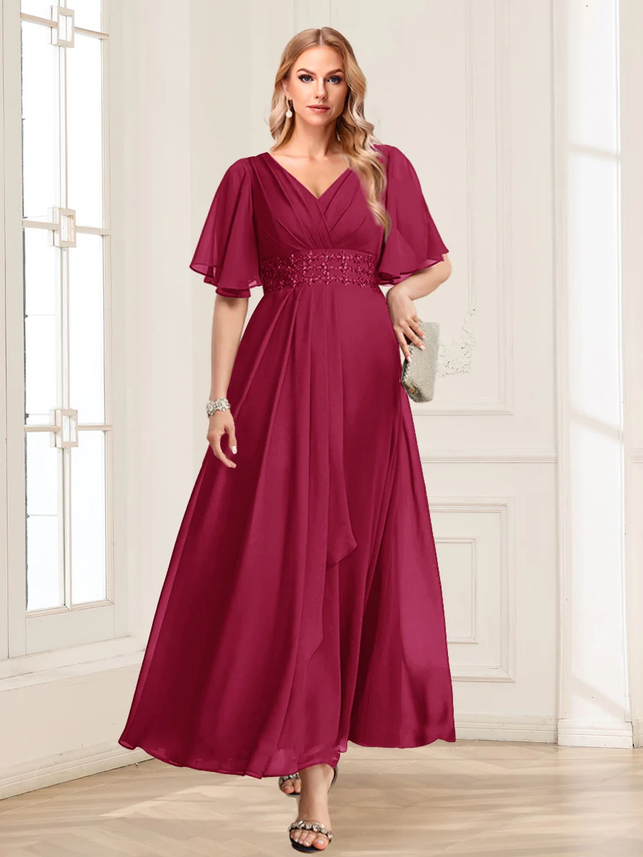 A-Line/Princess V-Neck Short Sleeves Mother of the Bride Dresses with Ruffles - Image 70