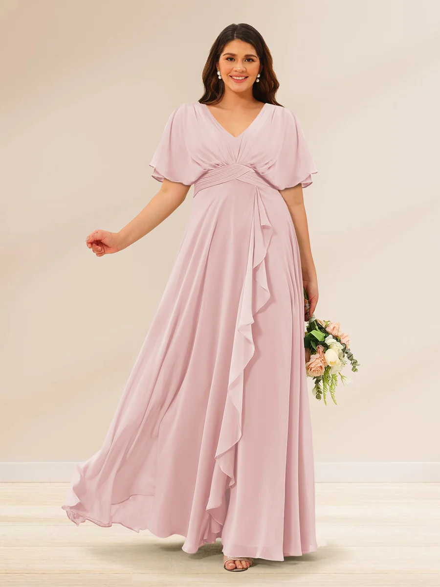 A-Line/Princess V-Neck Short Sleeves Plus Size Bridesmaid Dresses with Pockets - Image 21