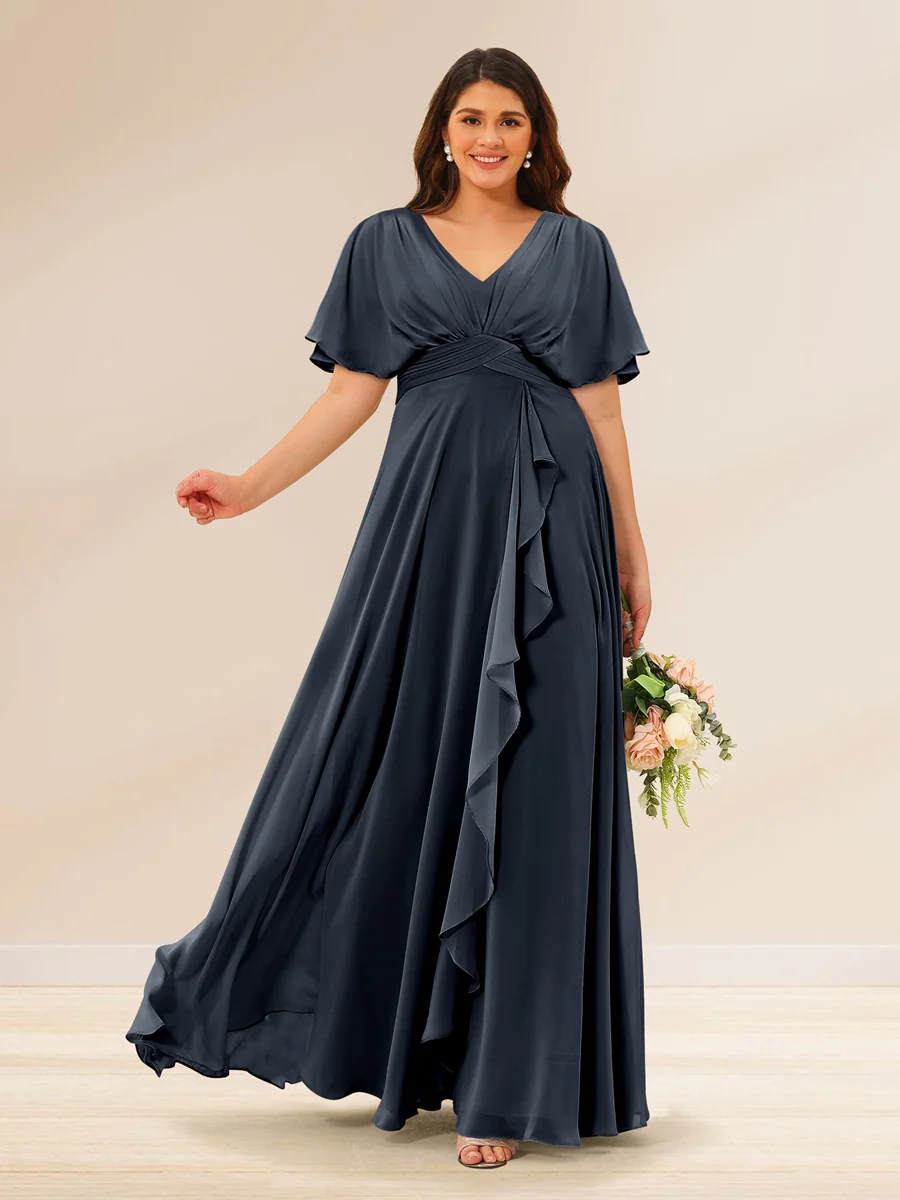 A-Line/Princess V-Neck Short Sleeves Plus Size Bridesmaid Dresses with Pockets - Image 54