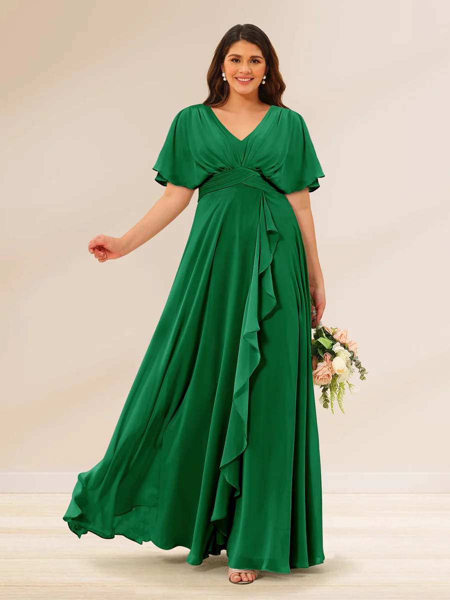 A-Line/Princess V-Neck Short Sleeves Plus Size Bridesmaid Dresses with Pockets - Image 59