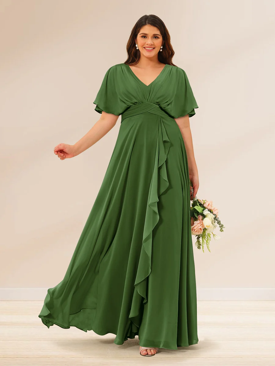 A-Line/Princess V-Neck Short Sleeves Plus Size Bridesmaid Dresses with Pockets - Image 60
