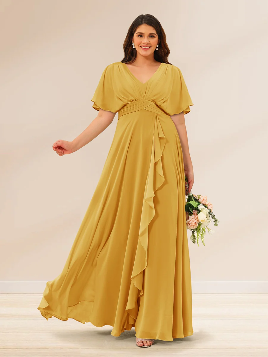 A-Line/Princess V-Neck Short Sleeves Plus Size Bridesmaid Dresses with Pockets - Image 65