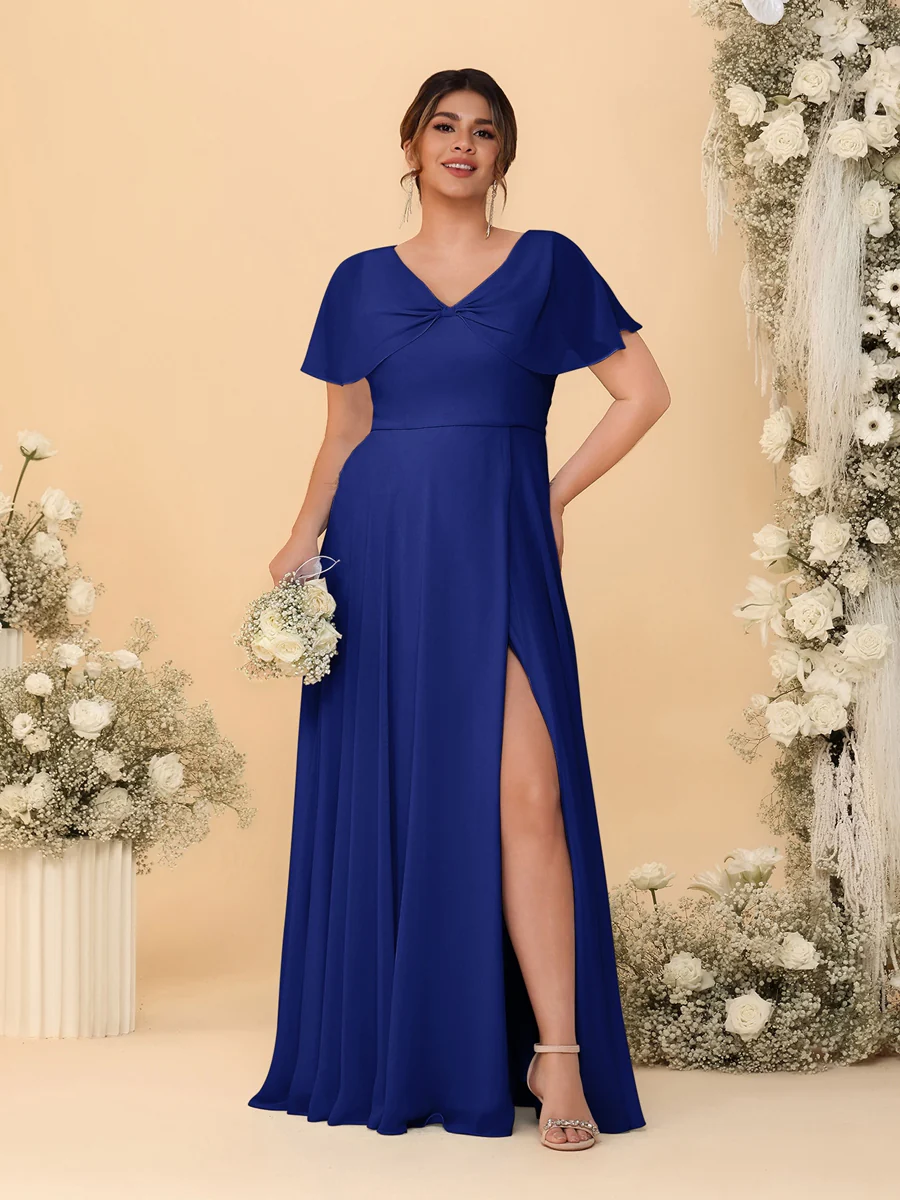 A-Line/Princess V-Neck Short Sleeves Plus Size Bridesmaid Dresses With Side Slit - Image 15