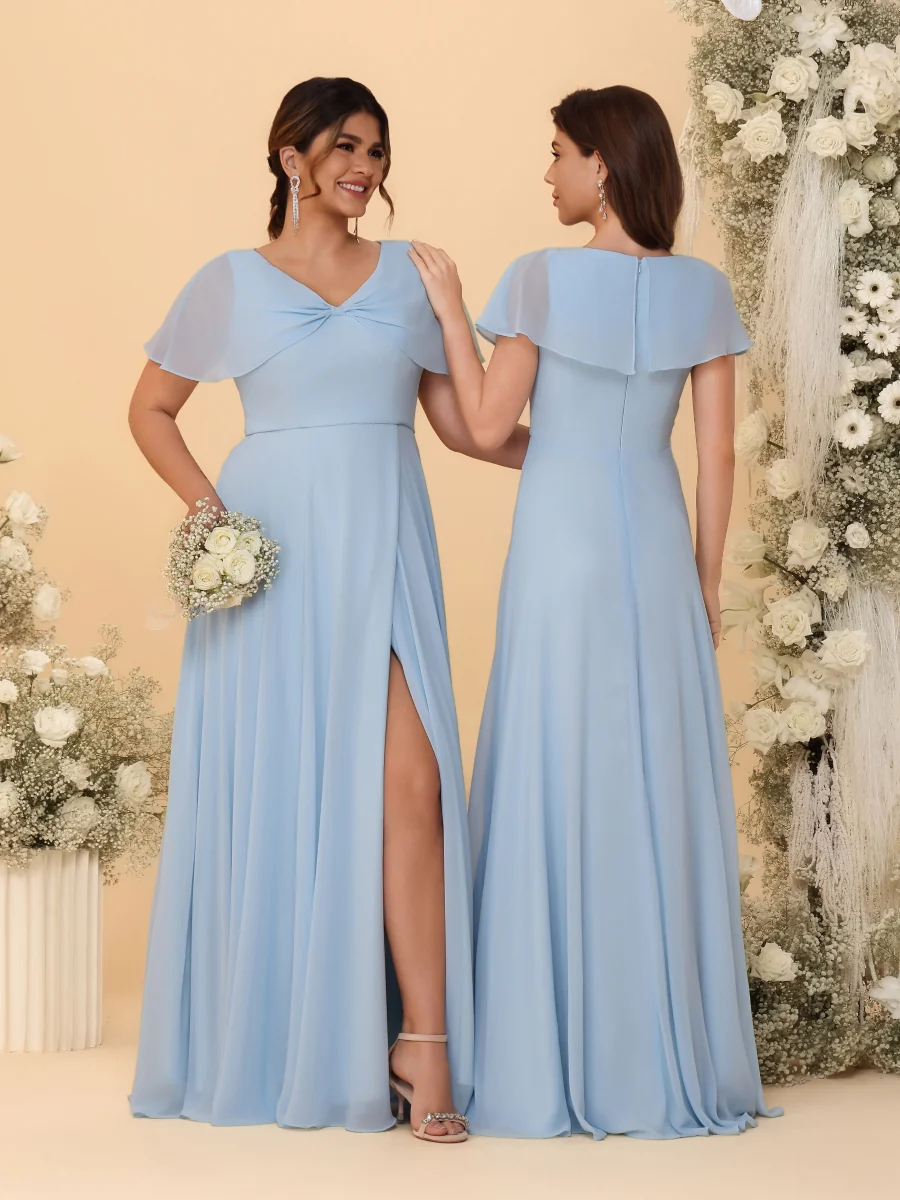 A-Line/Princess V-Neck Short Sleeves Plus Size Bridesmaid Dresses With Side Slit - Image 2