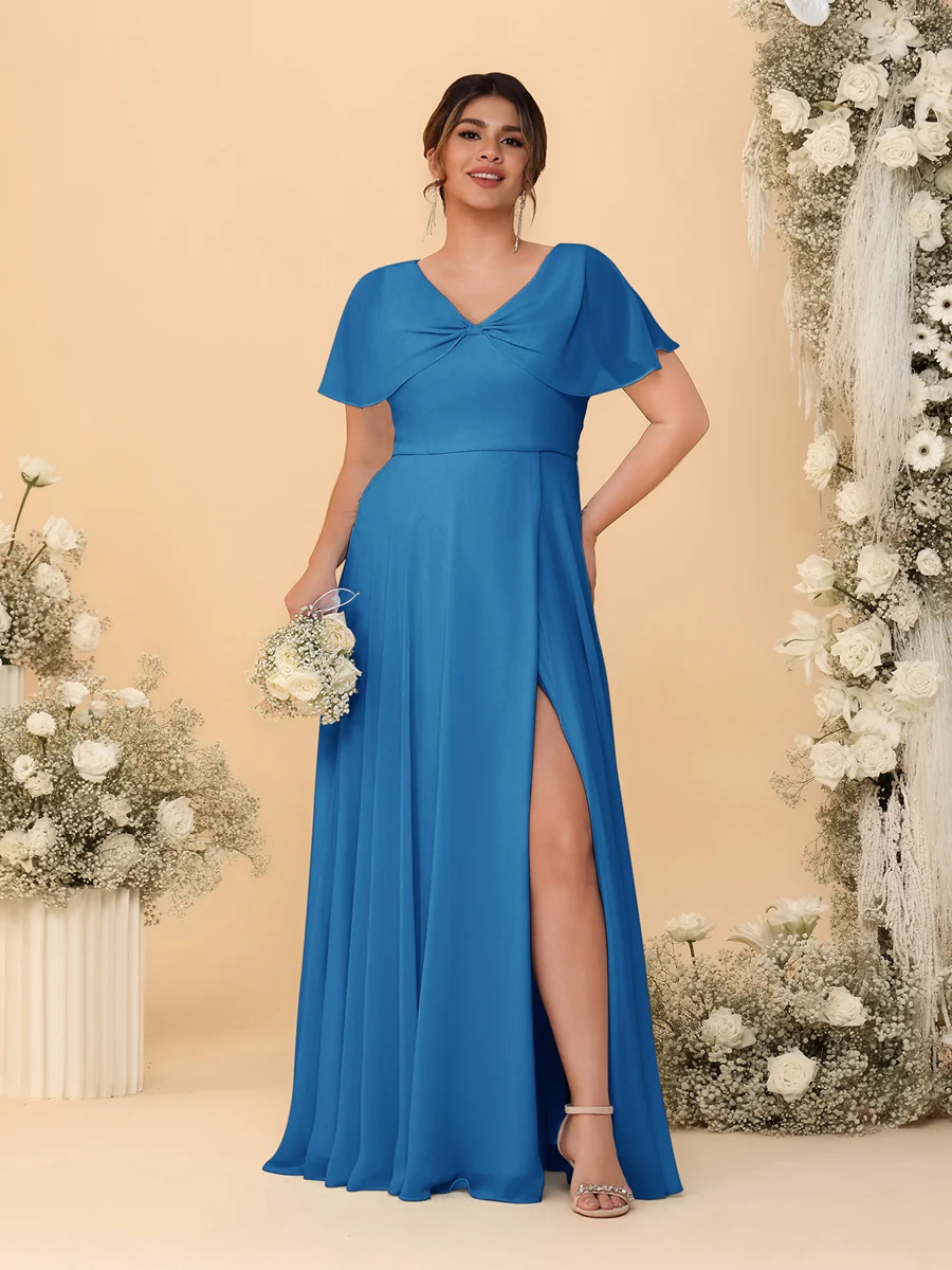 A-Line/Princess V-Neck Short Sleeves Plus Size Bridesmaid Dresses With Side Slit - Image 45