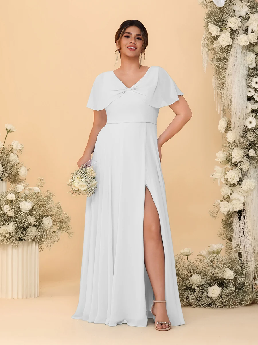 A-Line/Princess V-Neck Short Sleeves Plus Size Bridesmaid Dresses With Side Slit - Image 46