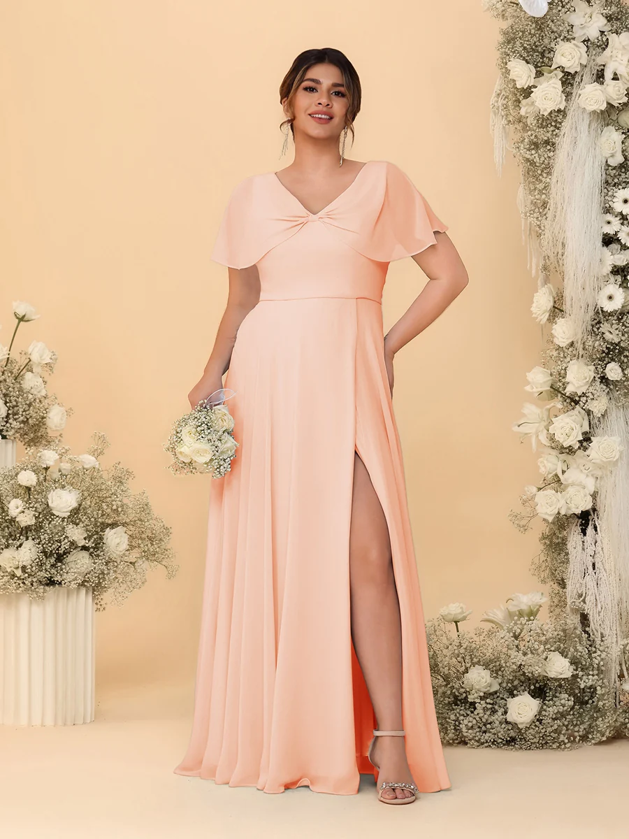 A-Line/Princess V-Neck Short Sleeves Plus Size Bridesmaid Dresses With Side Slit - Image 50