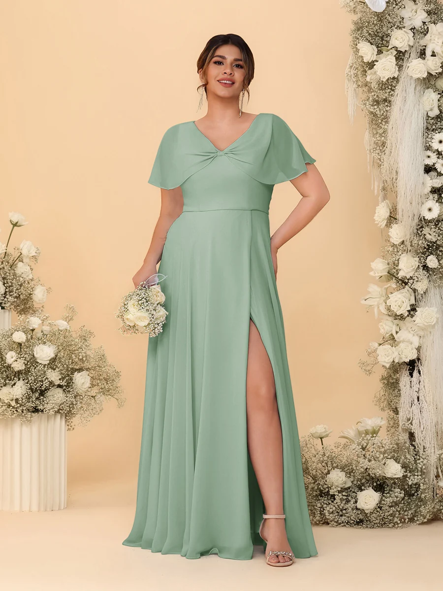 A-Line/Princess V-Neck Short Sleeves Plus Size Bridesmaid Dresses With Side Slit - Image 59