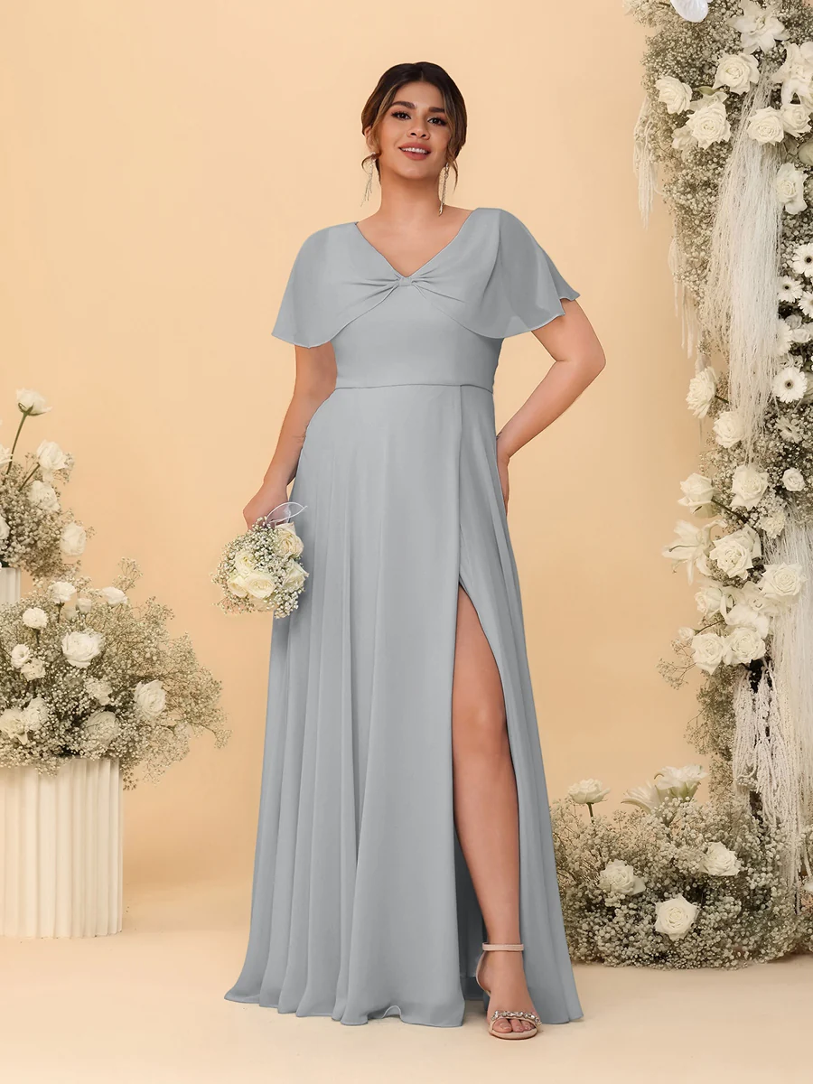 A-Line/Princess V-Neck Short Sleeves Plus Size Bridesmaid Dresses With Side Slit - Image 61