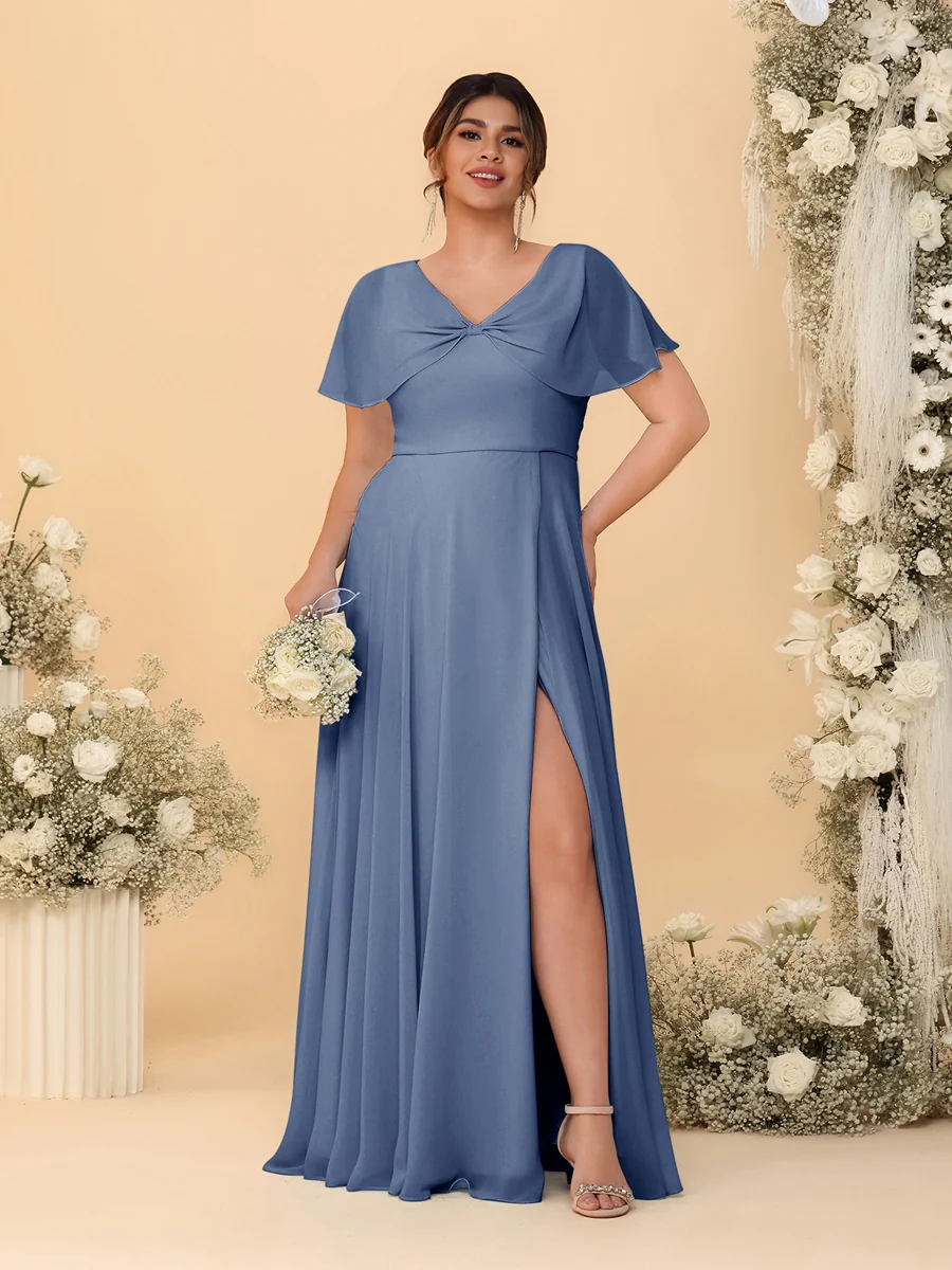 A-Line/Princess V-Neck Short Sleeves Plus Size Bridesmaid Dresses With Side Slit - Image 65