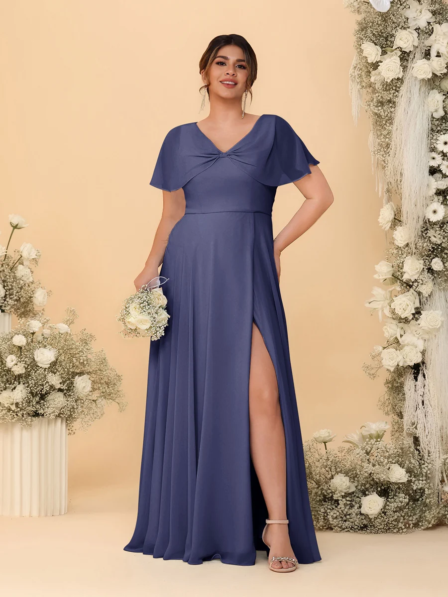 A-Line/Princess V-Neck Short Sleeves Plus Size Bridesmaid Dresses With Side Slit - Image 66