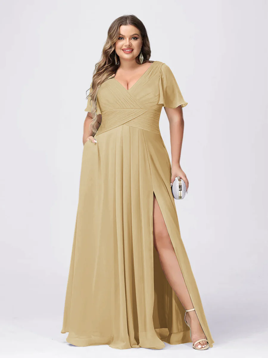 A Line/Princess V-Neck Short Sleeves Plus Size Bridesmaid Dresses with Split Side - Image 19