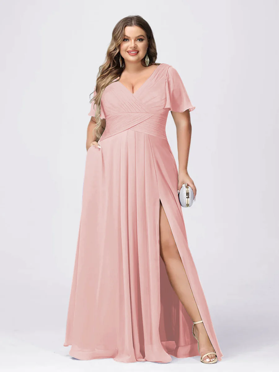 A Line/Princess V-Neck Short Sleeves Plus Size Bridesmaid Dresses with Split Side - Image 21