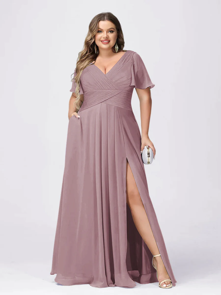 A Line/Princess V-Neck Short Sleeves Plus Size Bridesmaid Dresses with Split Side - Image 25
