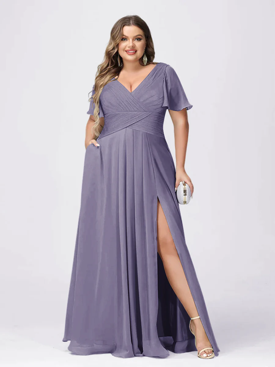 A Line/Princess V-Neck Short Sleeves Plus Size Bridesmaid Dresses with Split Side - Image 34