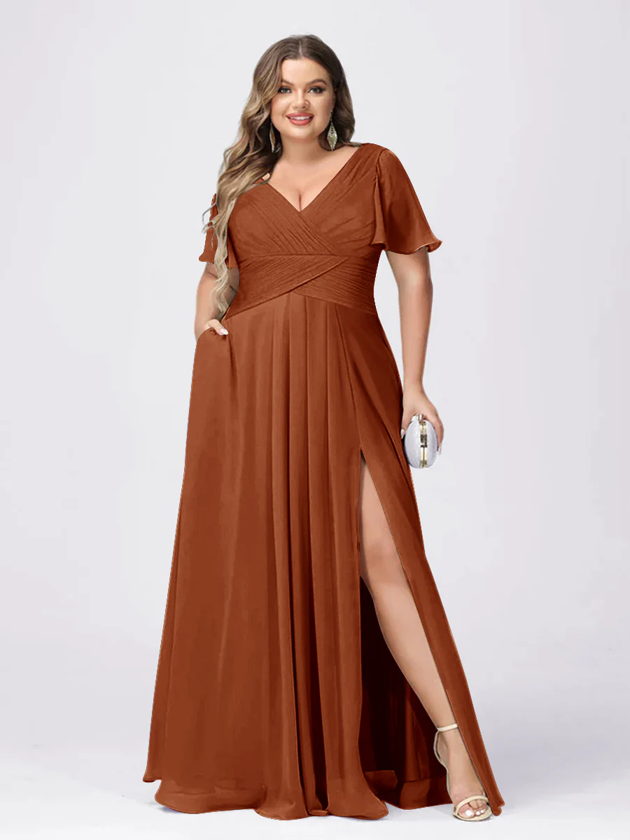 A Line/Princess V-Neck Short Sleeves Plus Size Bridesmaid Dresses with Split Side - Image 6