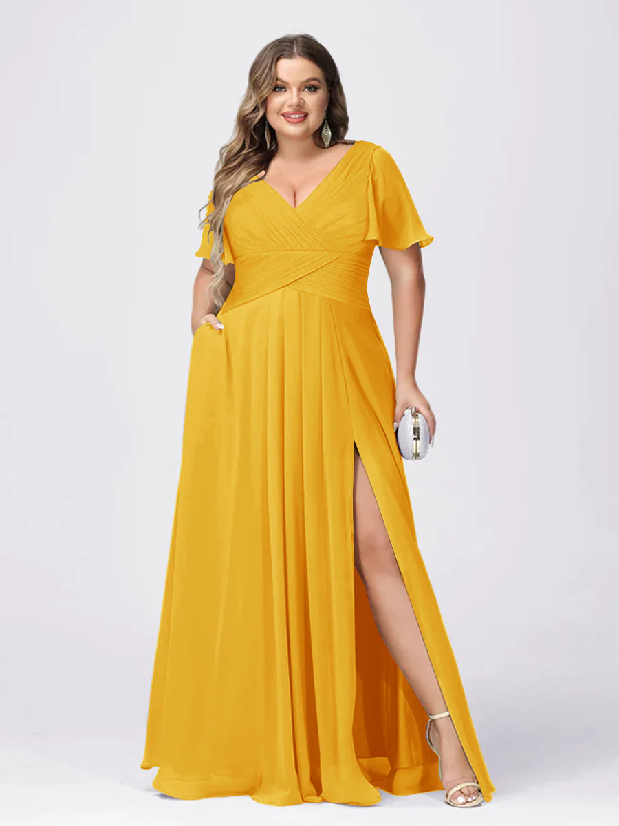 A Line/Princess V-Neck Short Sleeves Plus Size Bridesmaid Dresses with Split Side - Image 66