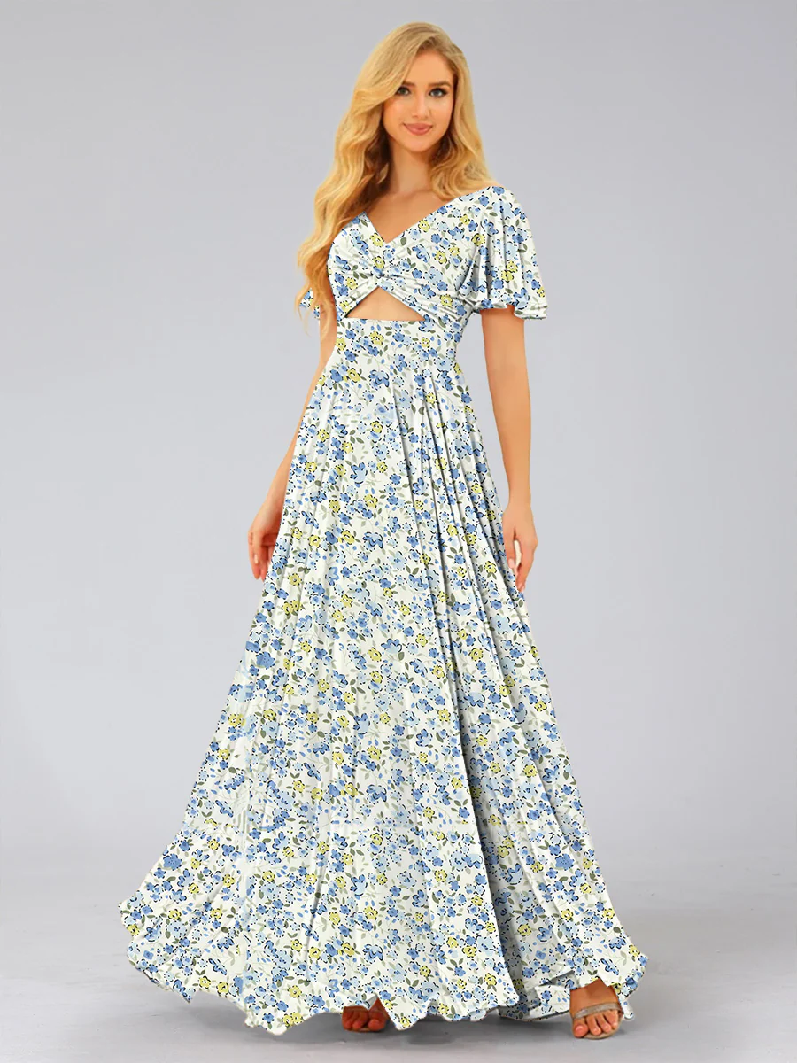 A-Line/Princess V-Neck Short Sleeves Ruched Floral Bridesmaid Dresses - Image 5