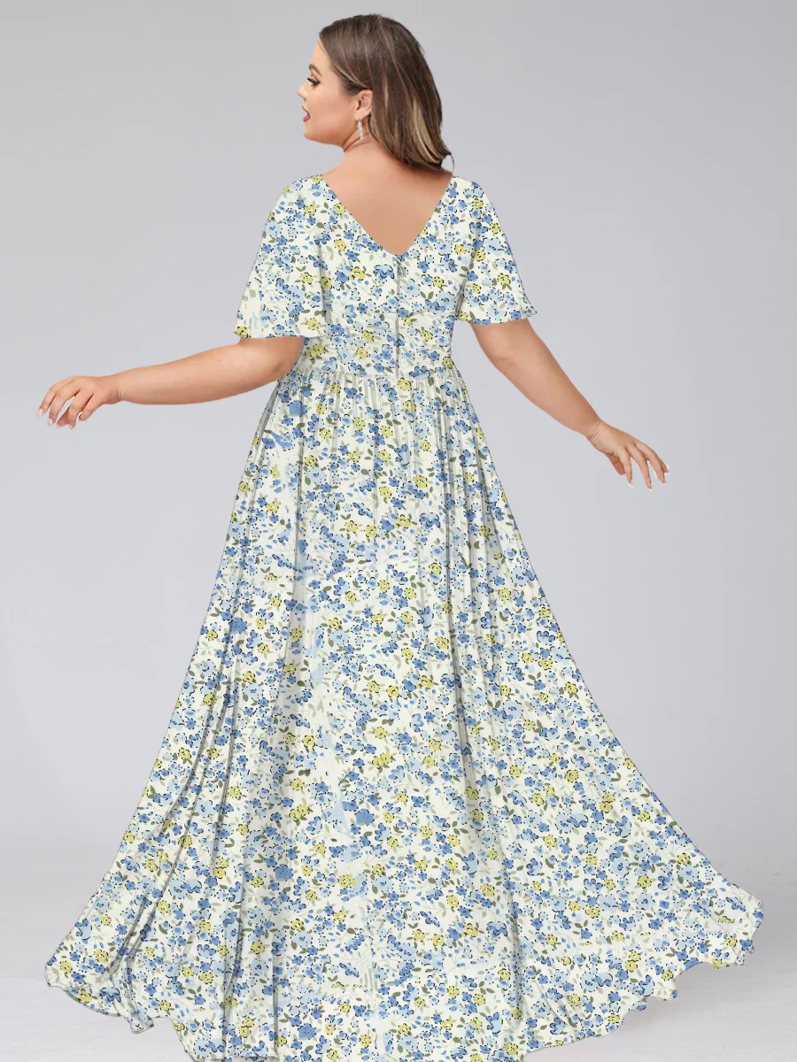 A-Line/Princess V-Neck Short Sleeves Ruched Plus Size Floral Bridesmaid Dresses - Image 8