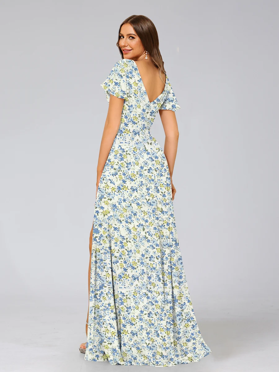 A-Line/Princess V-Neck Short Sleeves Split Side Floral Bridesmaid Dresses - Image 2