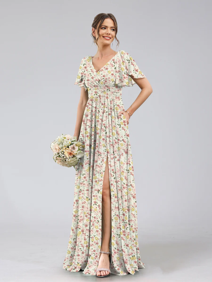 A-Line/Princess V-Neck Short Sleeves Split Side Floral Bridesmaid Dresses - Image 5