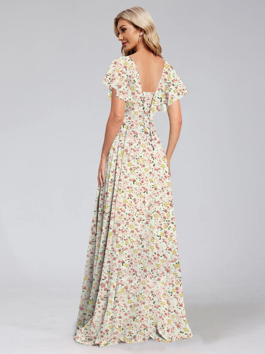 A-Line/Princess V-Neck Short Sleeves Watteau Train Floral Bridesmaid Dresses - Image 2