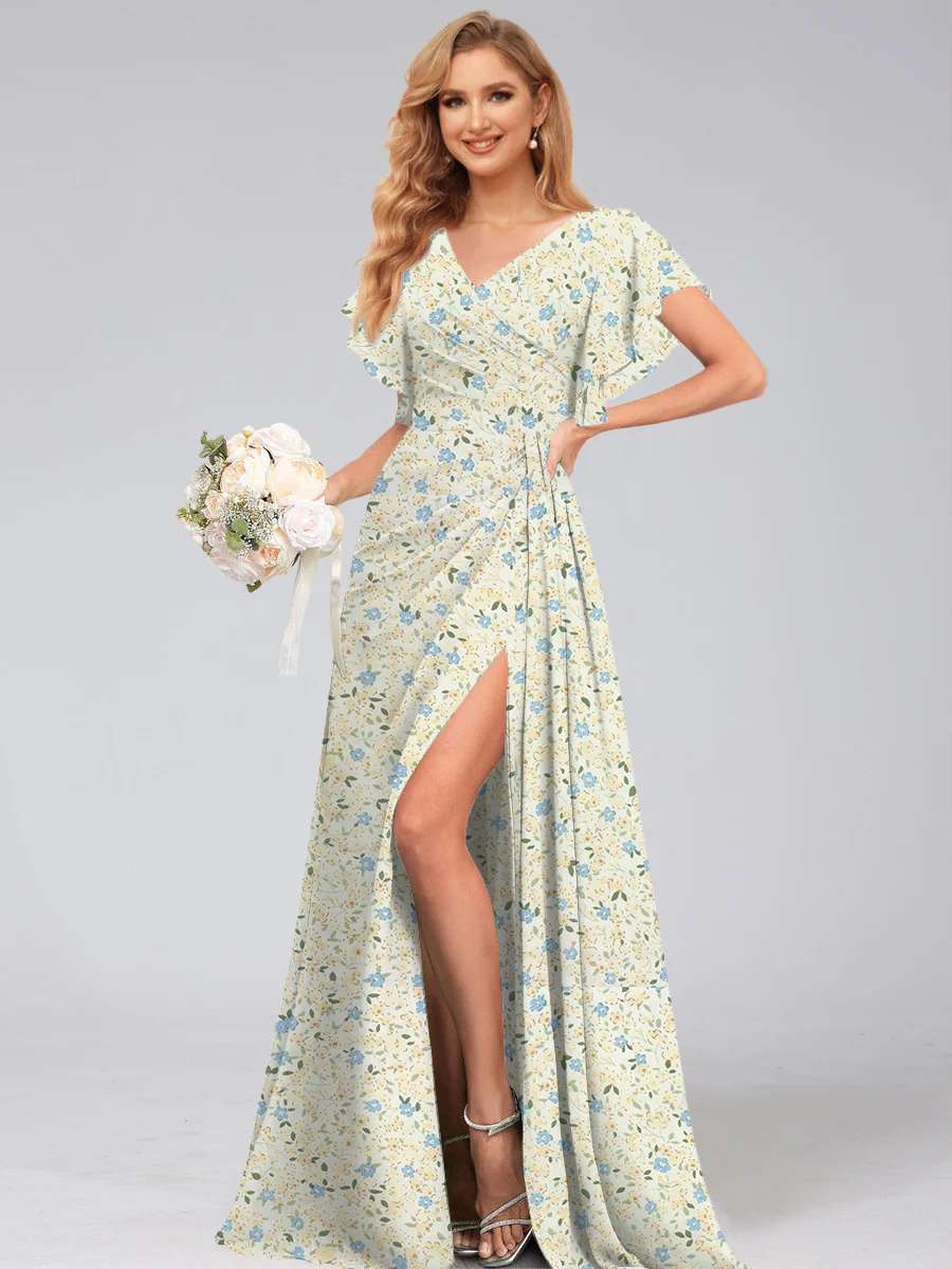 A-Line/Princess V-Neck Short Sleeves Watteau Train Floral Bridesmaid Dresses - Image 4