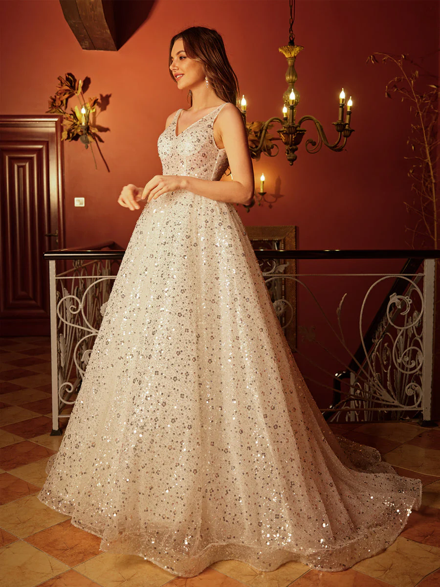 A-Line/Princess V-Neck Sleeveless Backless Long Prom Dresses - Image 3