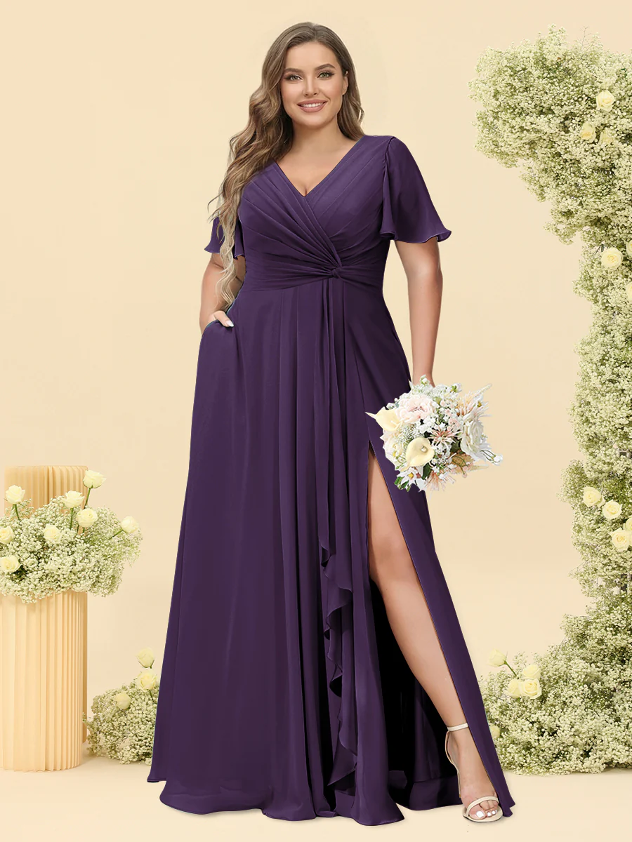 A-Line/Princess V-Neck Sleeveless Chiffon Plus Size Bridesmaid Dresses with Pockets - Image 15
