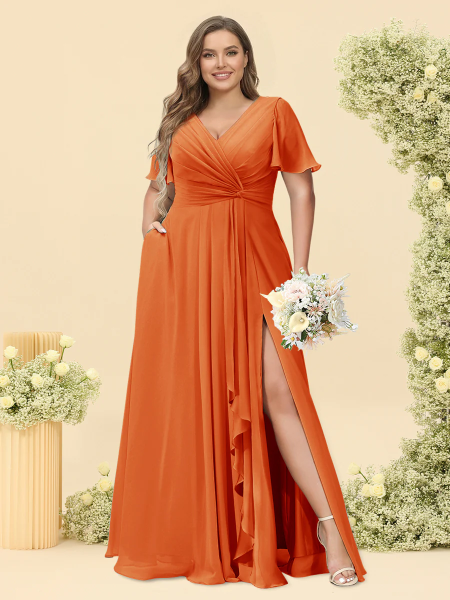 A-Line/Princess V-Neck Sleeveless Chiffon Plus Size Bridesmaid Dresses with Pockets - Image 27