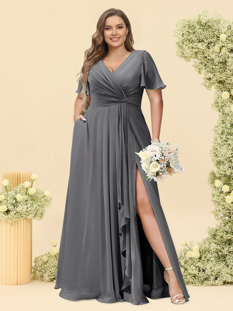 A-Line/Princess V-Neck Sleeveless Chiffon Plus Size Bridesmaid Dresses with Pockets - Image 35