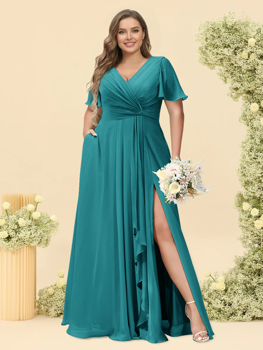 A-Line/Princess V-Neck Sleeveless Chiffon Plus Size Bridesmaid Dresses with Pockets - Image 4