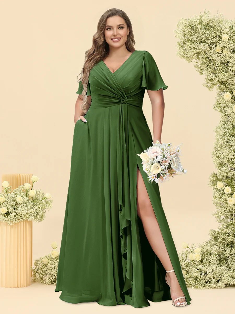 A-Line/Princess V-Neck Sleeveless Chiffon Plus Size Bridesmaid Dresses with Pockets - Image 57