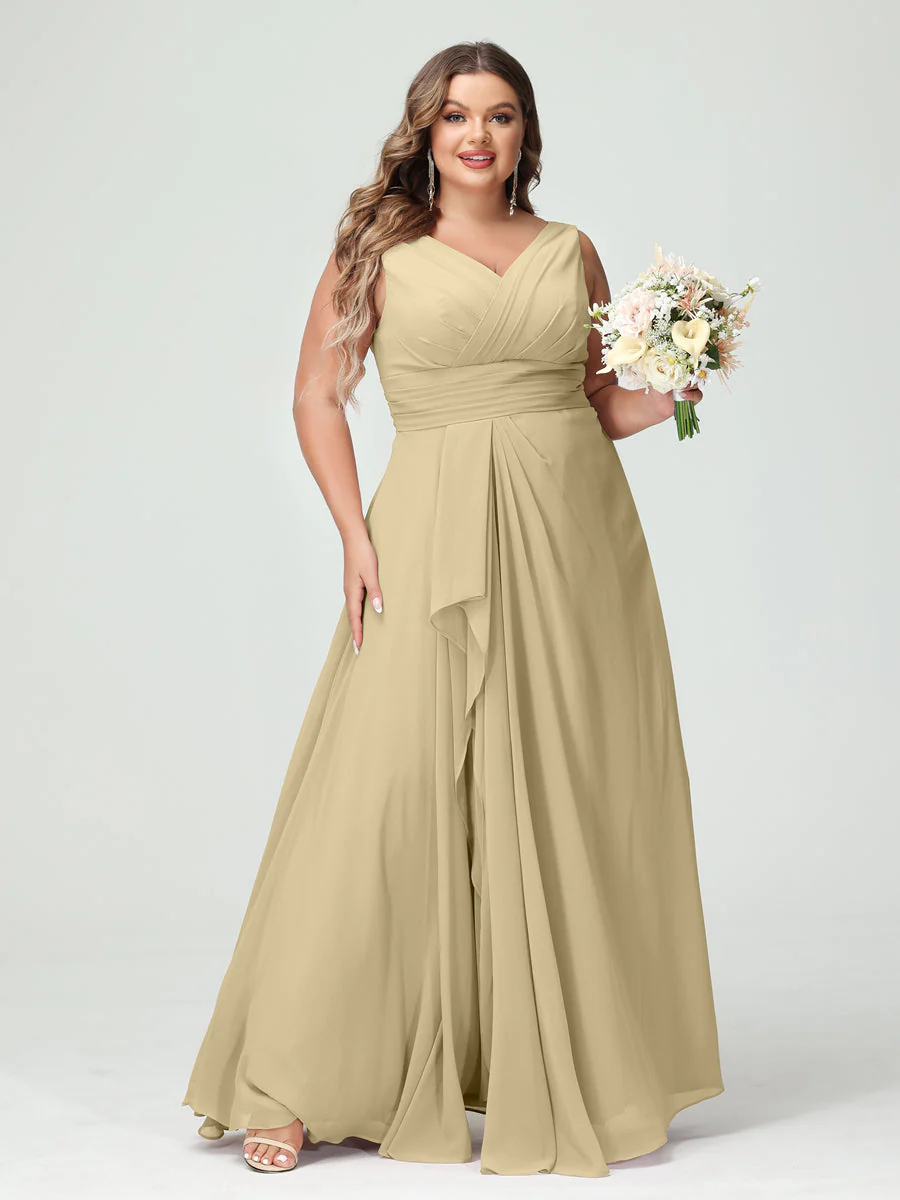 A-Line/Princess V-Neck Sleeveless Chiffon Ruffles Plus Size Bridesmaid Dresses with Pockets - Image 24
