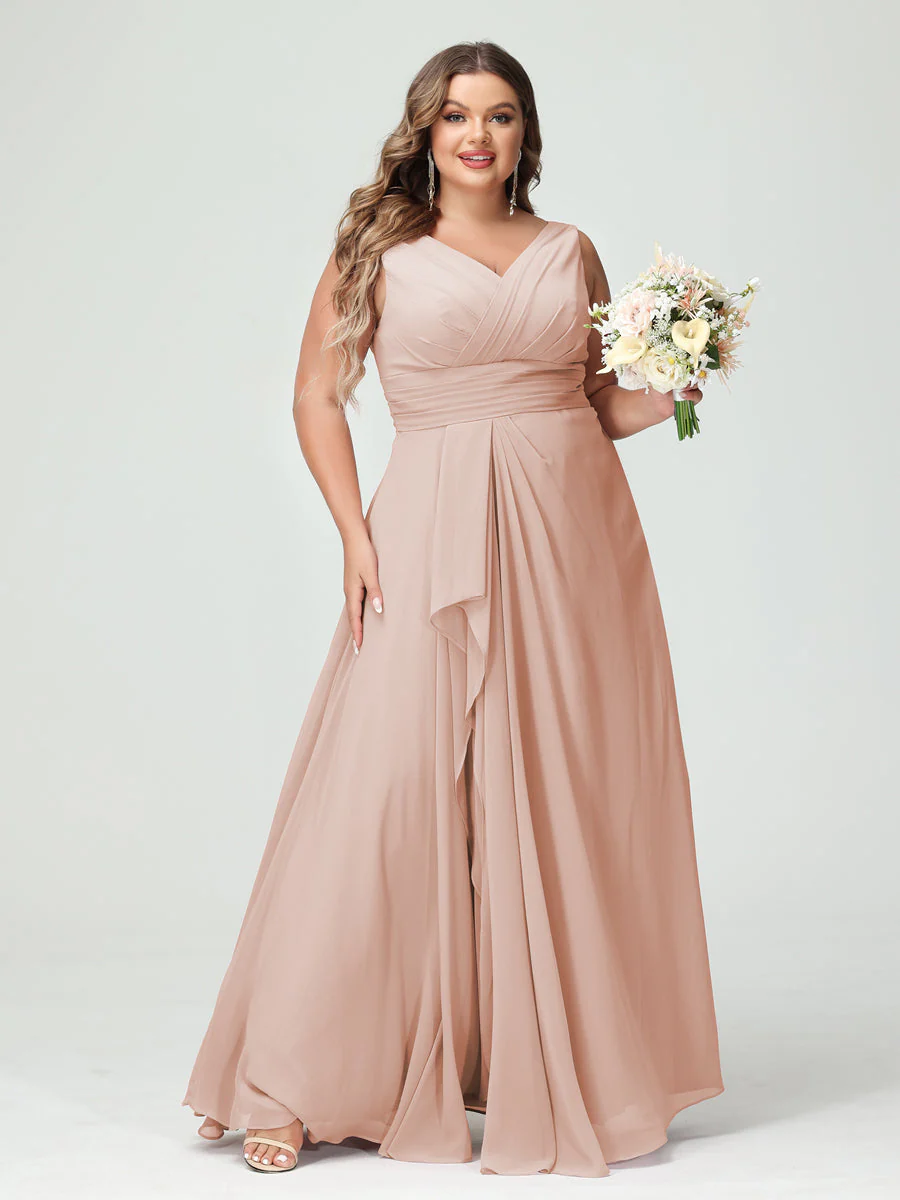 A-Line/Princess V-Neck Sleeveless Chiffon Ruffles Plus Size Bridesmaid Dresses with Pockets - Image 28