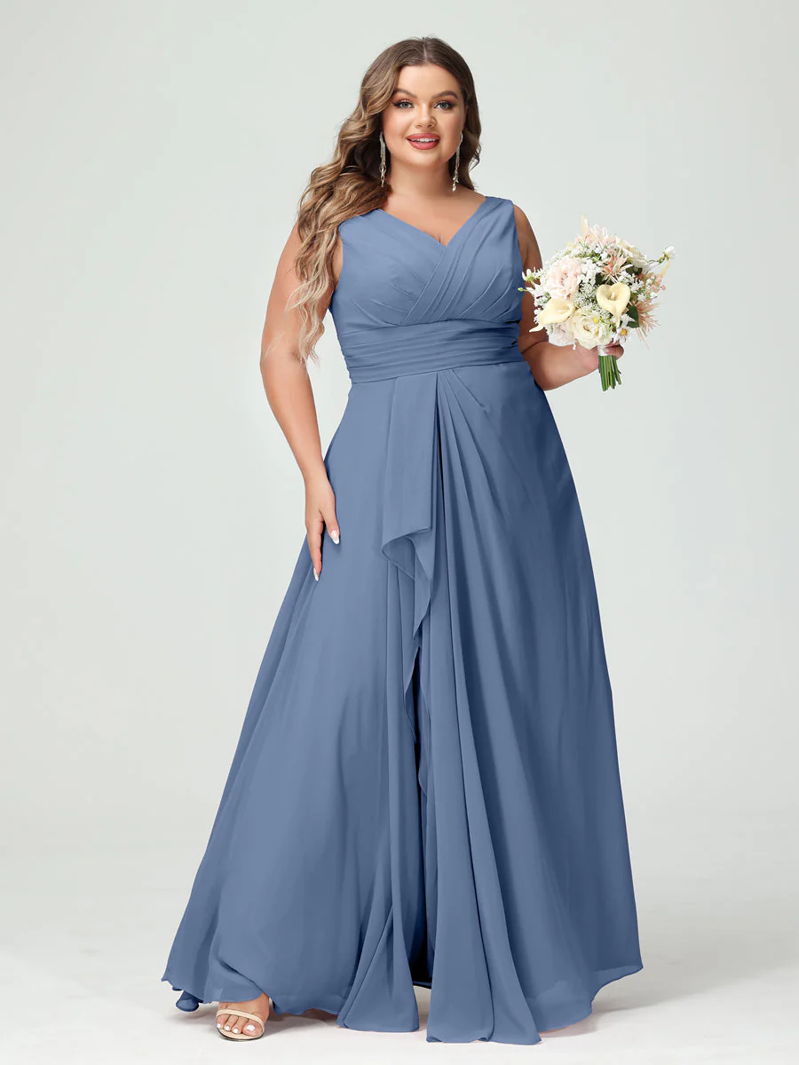 A-Line/Princess V-Neck Sleeveless Chiffon Ruffles Plus Size Bridesmaid Dresses with Pockets - Image 51