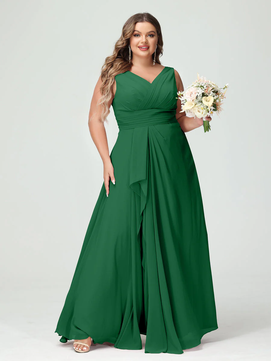 A-Line/Princess V-Neck Sleeveless Chiffon Ruffles Plus Size Bridesmaid Dresses with Pockets - Image 67