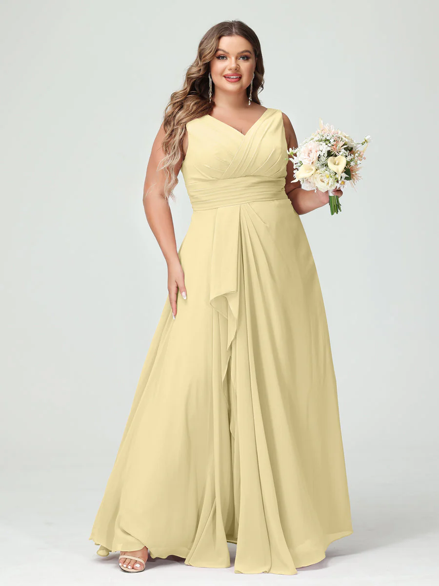 A-Line/Princess V-Neck Sleeveless Chiffon Ruffles Plus Size Bridesmaid Dresses with Pockets - Image 68