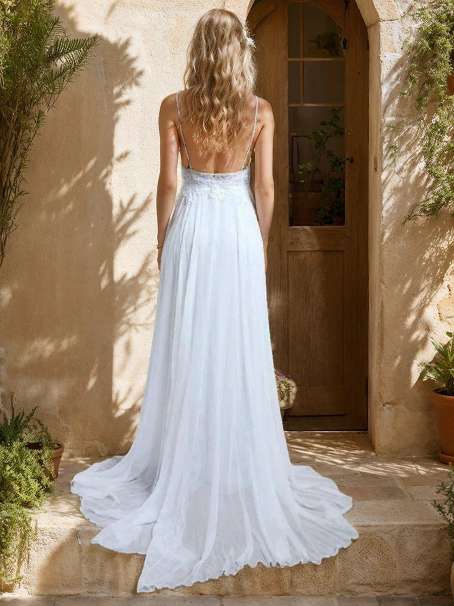 A-Line/Princess V-Neck Sleeveless Lace Wedding Dresses - Image 2