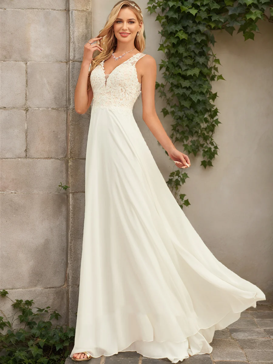 A-Line/Princess V-Neck Sleeveless Lace Wedding Dresses - Image 3