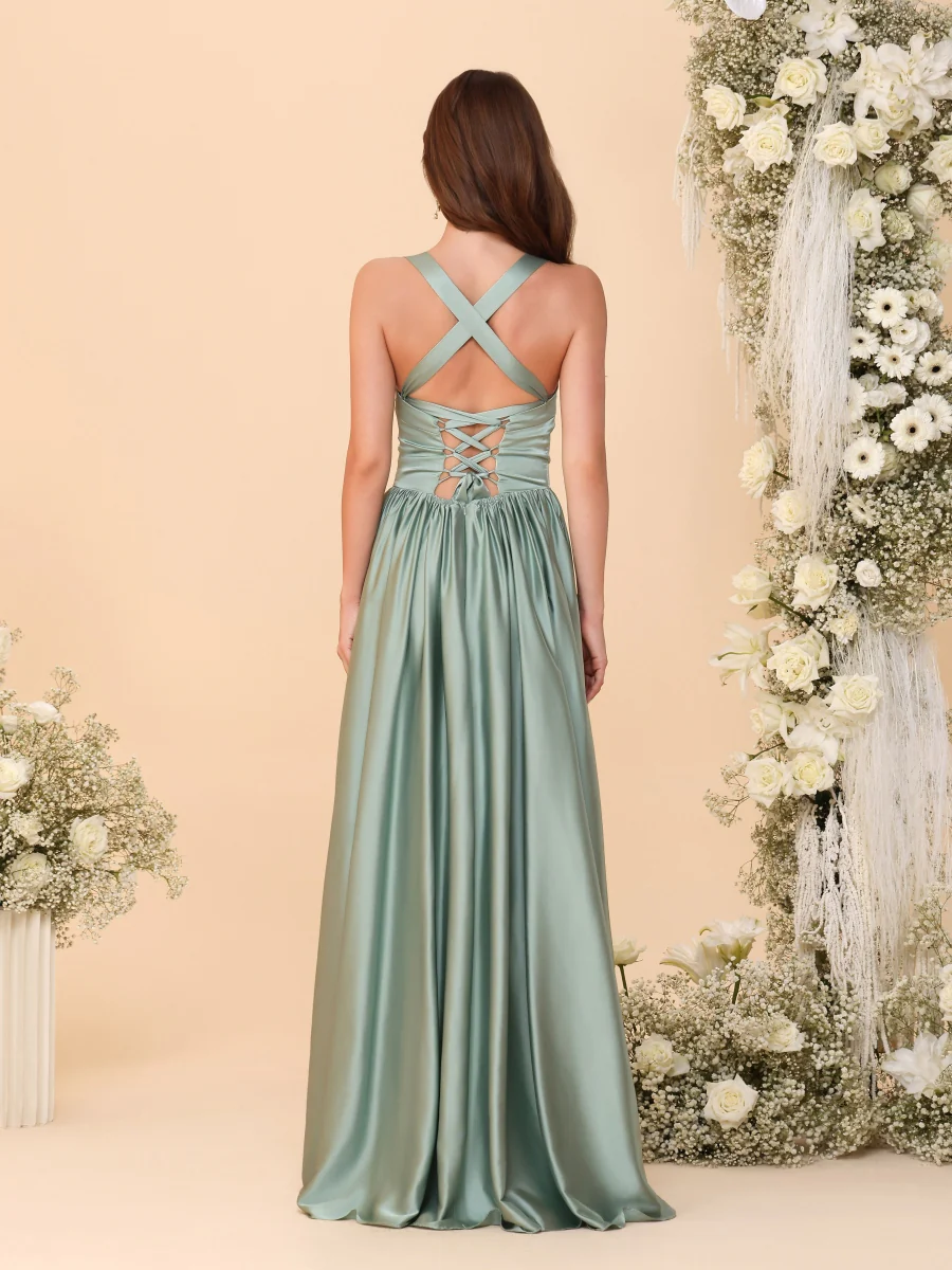 A-Line/Princess V-Neck Sleeveless Long Bridesmaid Dresses with Side Slit & Pleats - Image 2