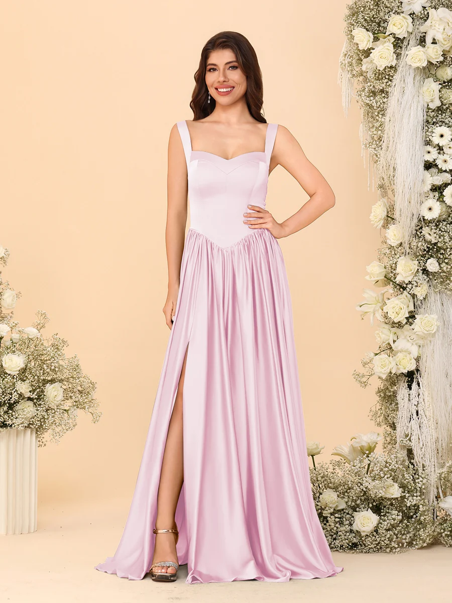 A-Line/Princess V-Neck Sleeveless Long Bridesmaid Dresses with Side Slit & Pleats - Image 54