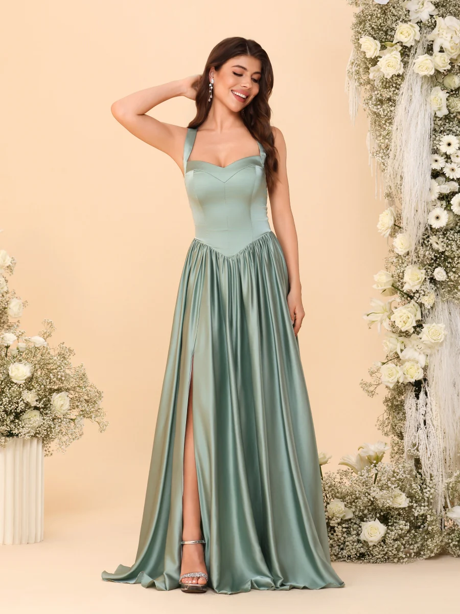 A-Line/Princess V-Neck Sleeveless Long Bridesmaid Dresses with Side Slit & Pleats - Image 6