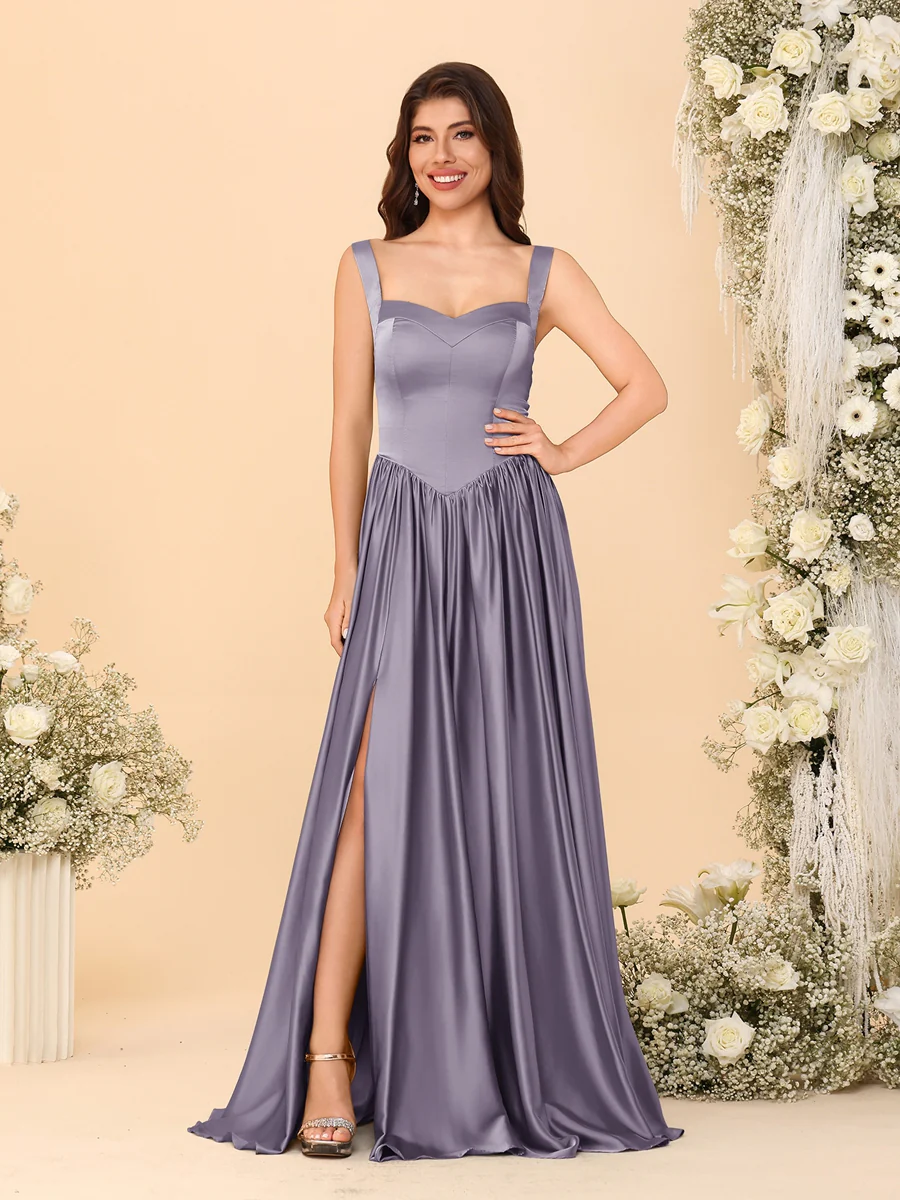 A-Line/Princess V-Neck Sleeveless Long Bridesmaid Dresses with Side Slit & Pleats - Image 64