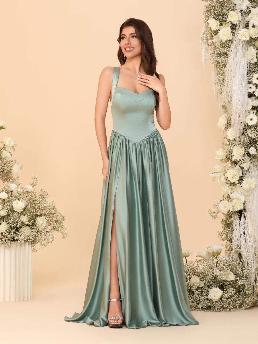 A-Line/Princess V-Neck Sleeveless Long Bridesmaid Dresses with Side Slit & Pleats - Image 7